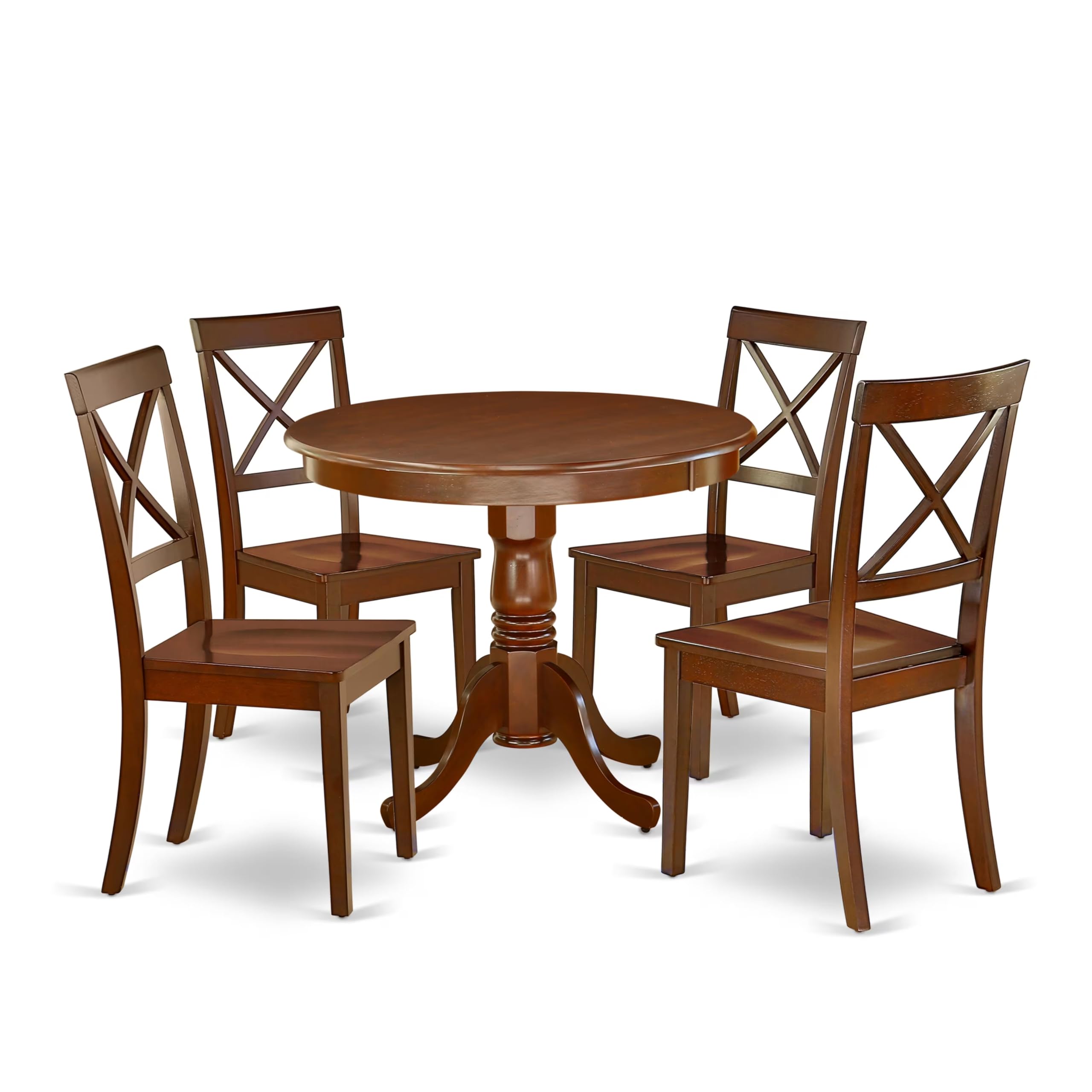 East West Furniture Anbo5-Mah-W 5 Piece Dinette Set For 4 Includes A Round Kitchen Table With Pedestal And 4 Dining Room Chairs, 36X36 Inch, Mahogany